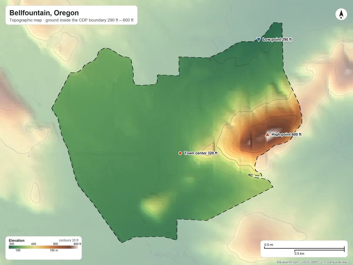 Topographic elevation map of Bellfountain, Oregon, shaded from 290 ft on the northeast side to 600 ft on the east side