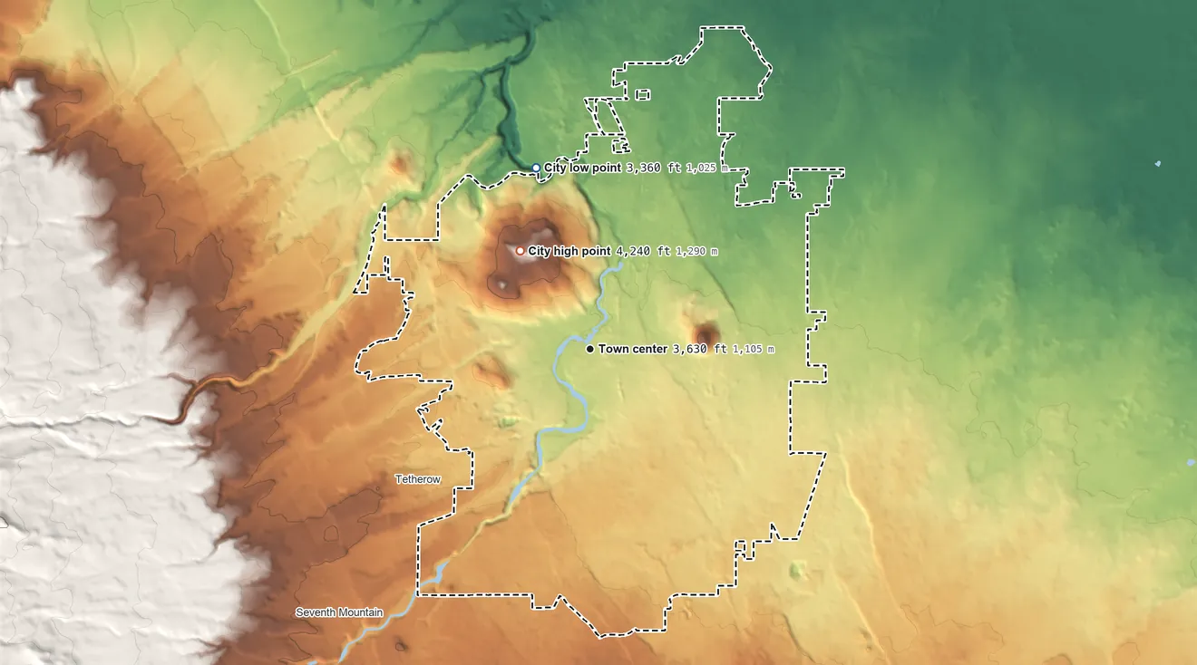 Topographic elevation map of Bend, Oregon, shaded from 3,360 ft on the north side to 4,240 ft on the northwest side