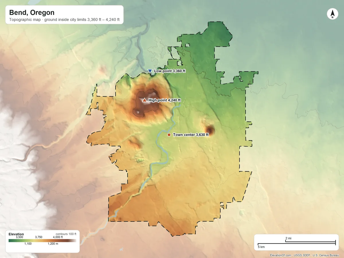 Topographic elevation map of Bend, Oregon, shaded from 3,360 ft on the north side to 4,240 ft on the northwest side