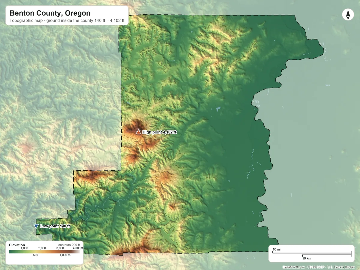 Topographic elevation map of Benton County, Oregon, shaded from 140 ft on the southwest side to 4,102 ft on Marys Peak