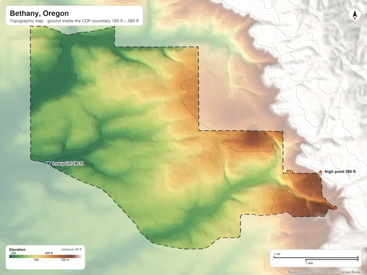 Topographic elevation map of Bethany, Oregon, shaded from 180 ft on the west side to 580 ft at the foot of the Tualatin Mountains