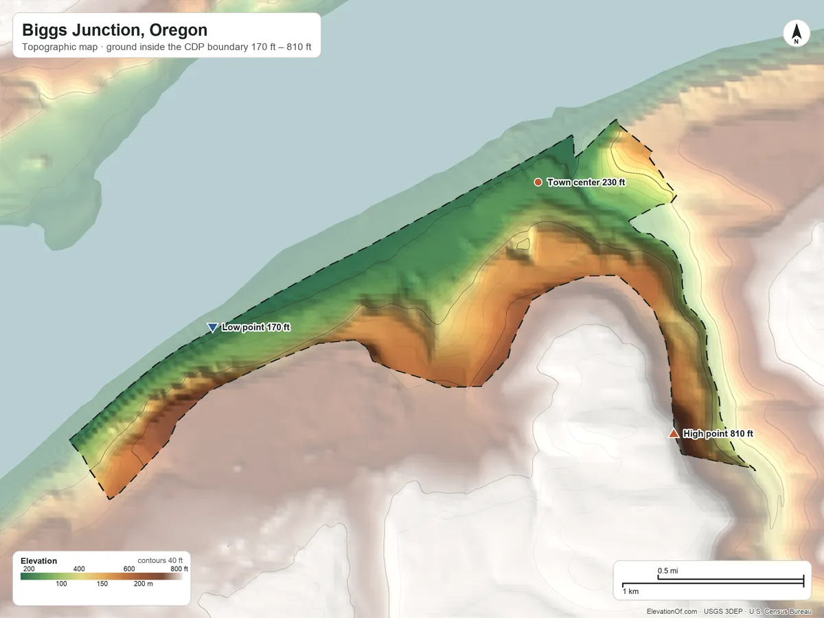 Topographic elevation map of Biggs Junction, Oregon, shaded from 170 ft on the southwest side to 810 ft on the southeast edge, below higher ground just outside