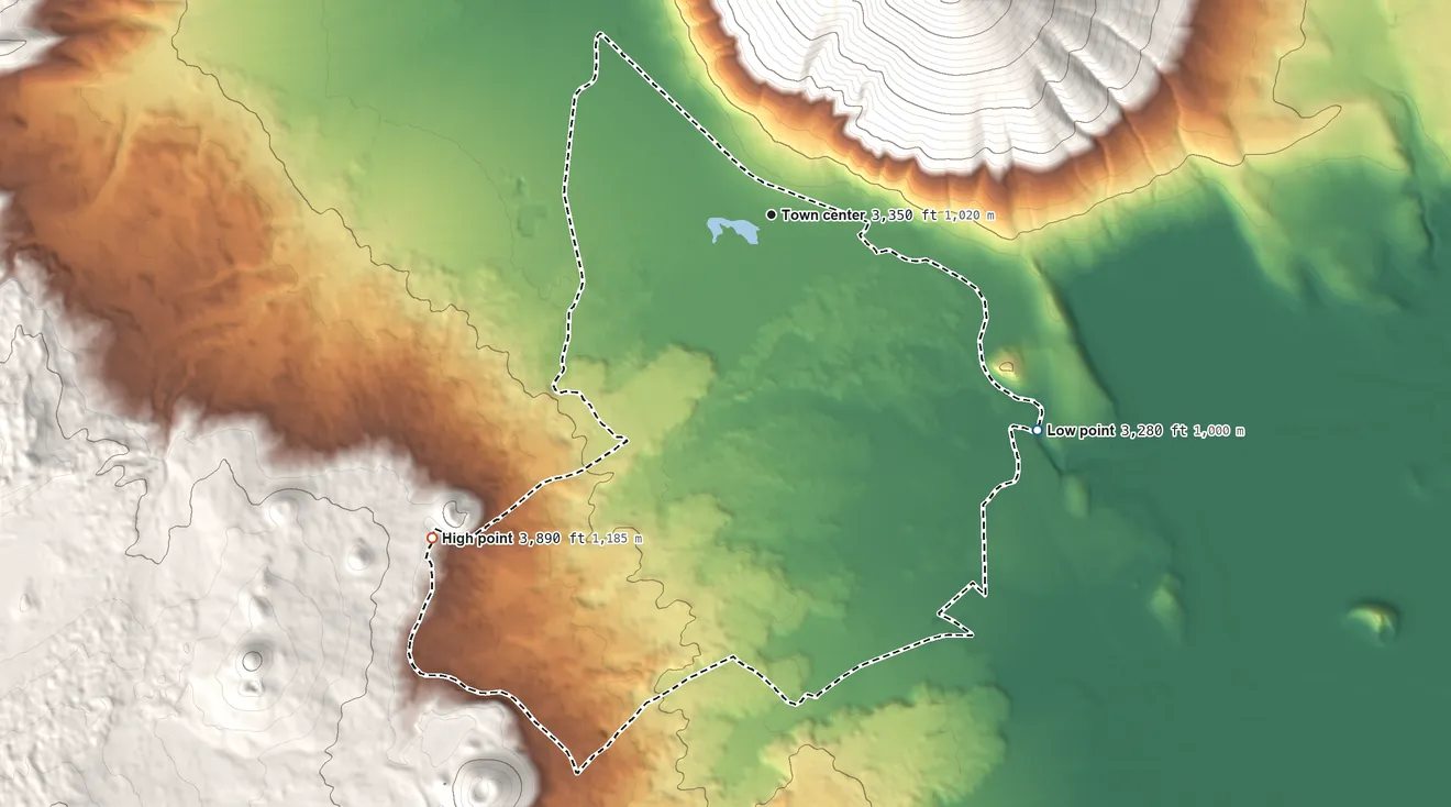 Topographic elevation map of Black Butte Ranch, Oregon, shaded from 3,280 ft on the southeast side to 3,890 ft on the southwest edge, below higher ground just outside