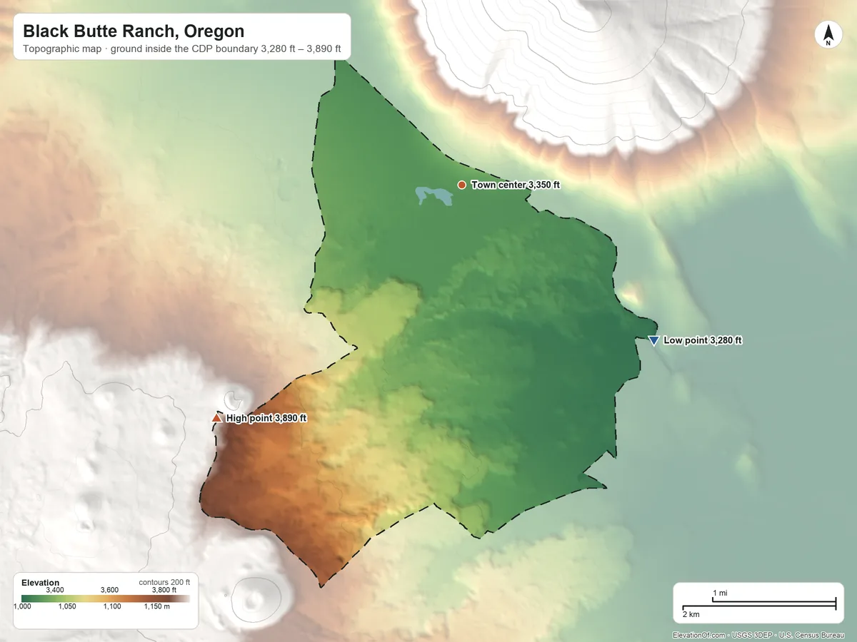 Topographic elevation map of Black Butte Ranch, Oregon, shaded from 3,280 ft on the southeast side to 3,890 ft on the southwest edge, below higher ground just outside