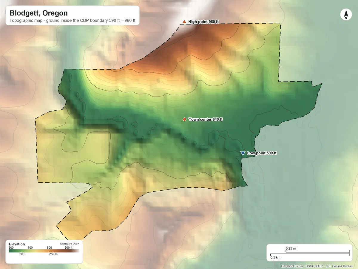 Topographic elevation map of Blodgett, Oregon, shaded from 590 ft on the southeast side to 960 ft at the foot of the Cardwell Hills