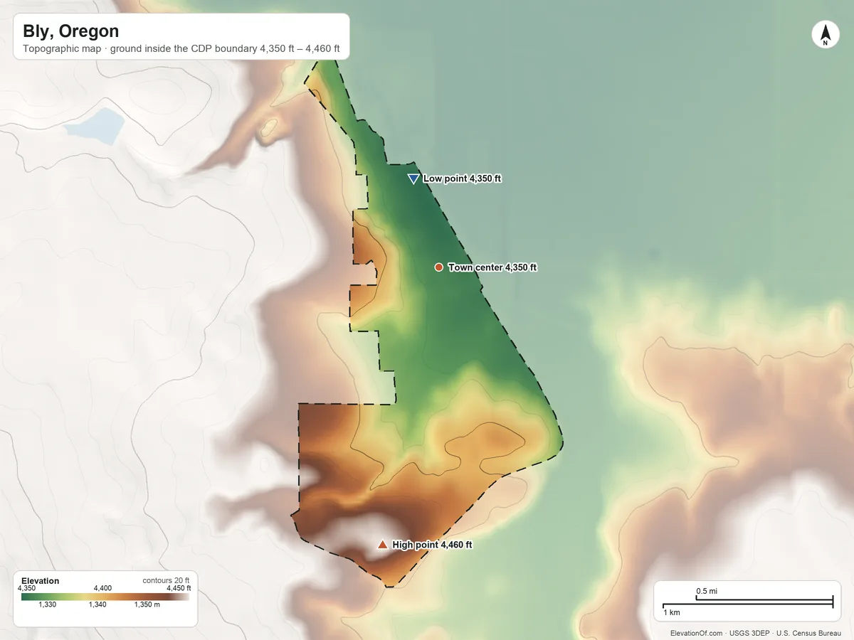 Topographic elevation map of Bly, Oregon, shaded from 4,350 ft on the north side to 4,460 ft at the foot of the Hagerhorst Mountains
