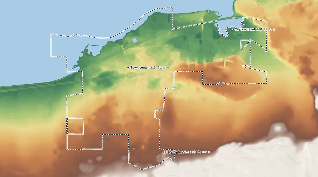 Topographic elevation map of Boardman, Oregon, shaded from 270 ft on the east side to 380 ft on the southeast side