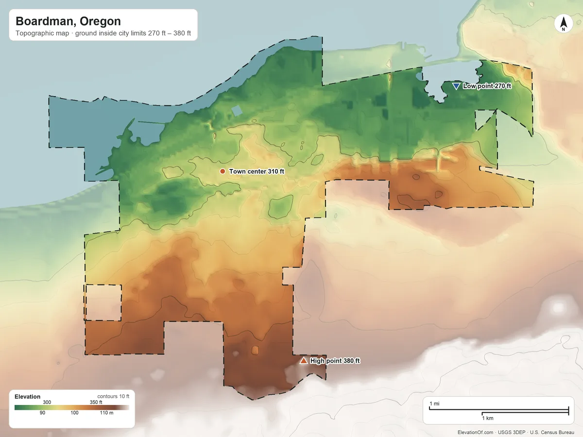 Topographic elevation map of Boardman, Oregon, shaded from 270 ft on the east side to 380 ft on the southeast side