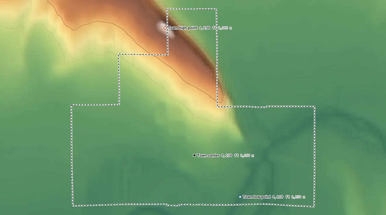 Topographic elevation map of Bonanza, Oregon, shaded from 4,110 ft on the southeast side to 4,290 ft on the north edge, below higher ground just outside