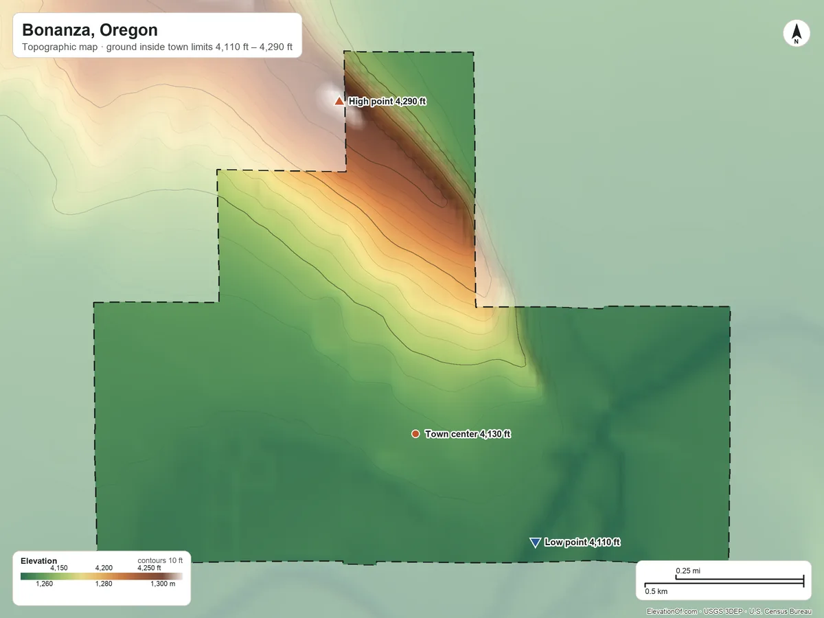 Topographic elevation map of Bonanza, Oregon, shaded from 4,110 ft on the southeast side to 4,290 ft on the north edge, below higher ground just outside