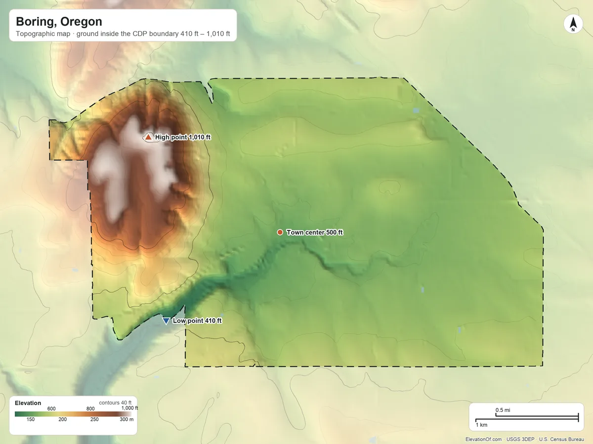 Topographic elevation map of Boring, Oregon, shaded from 410 ft on the southwest side to 1,010 ft on the northwest side