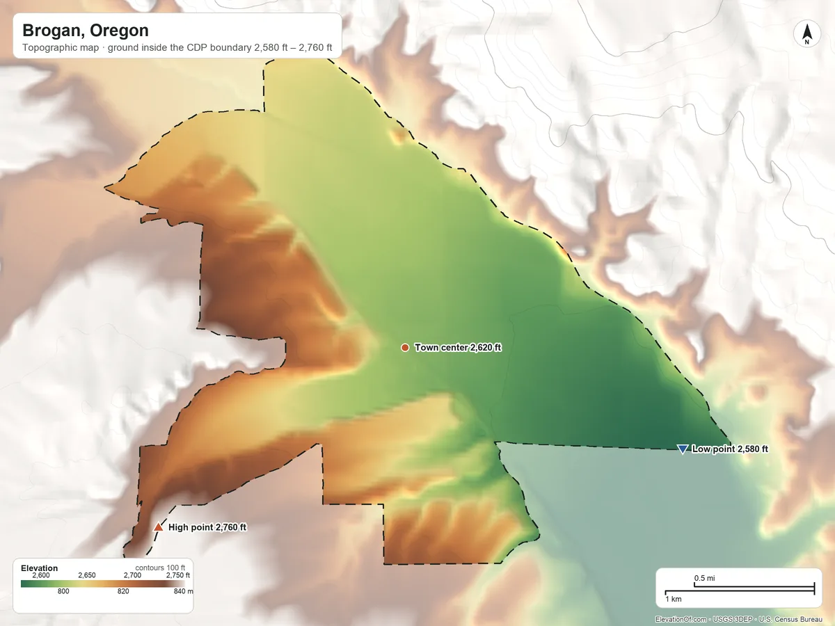 Topographic elevation map of Brogan, Oregon, shaded from 2,580 ft on the east side to 2,760 ft at the foot of the Cottonwood Mountain