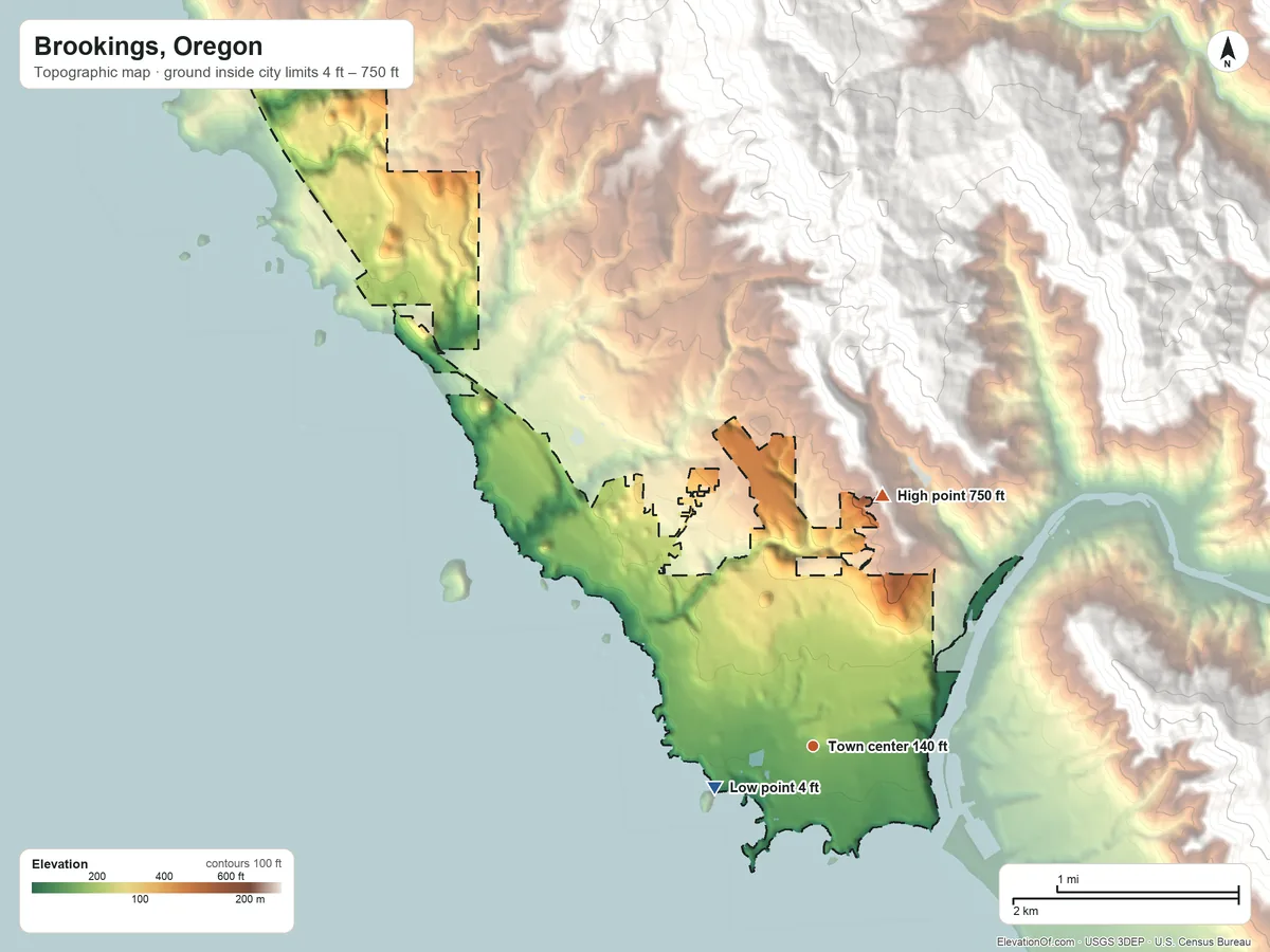 Topographic elevation map of Brookings, Oregon, shaded from 4 ft near the middle to 750 ft on the north edge, below higher ground just outside
