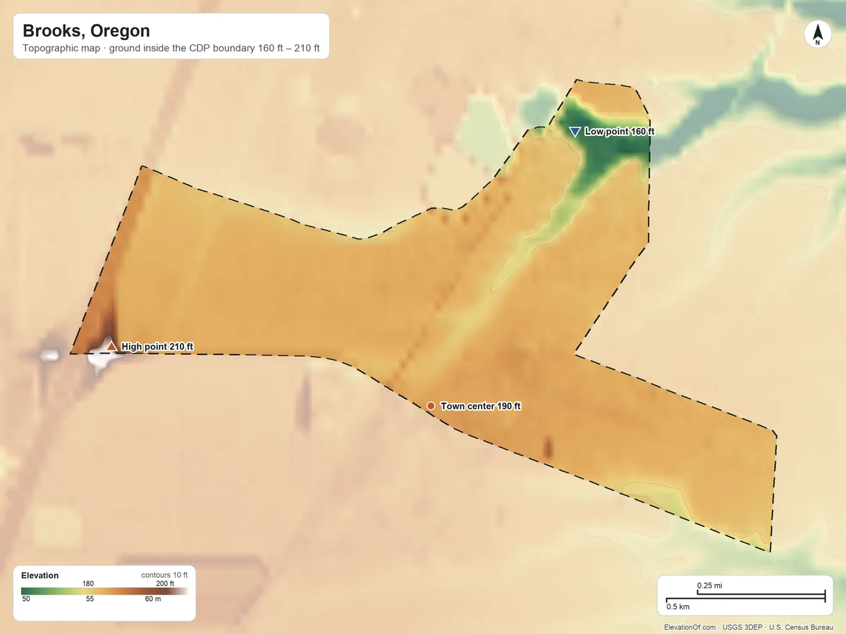 Topographic elevation map of Brooks, Oregon, shaded from 160 ft on the northeast side to 210 ft on the west side
