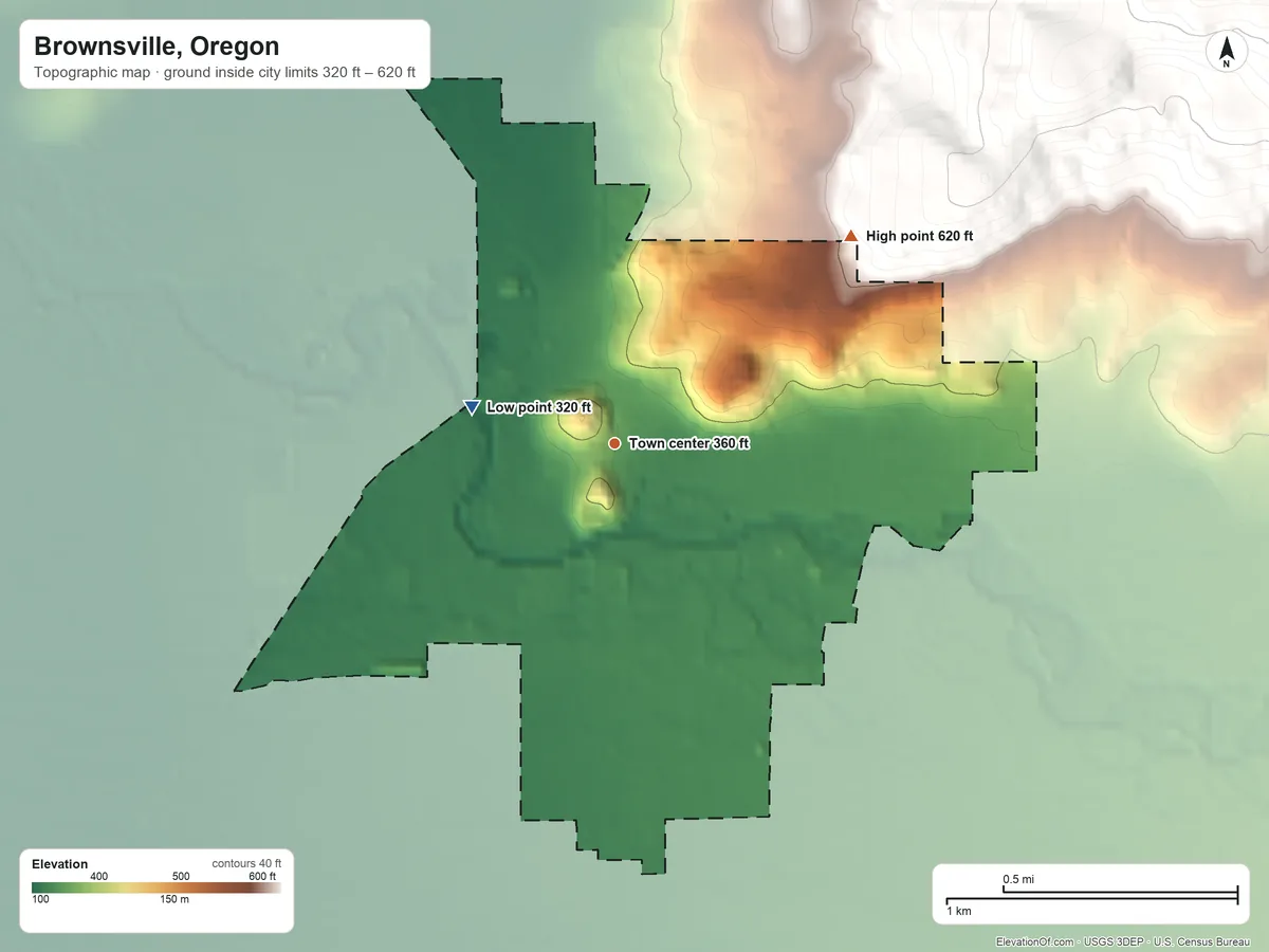 Topographic elevation map of Brownsville, Oregon, shaded from 320 ft on the west side to 620 ft at the foot of the Coburg Hills
