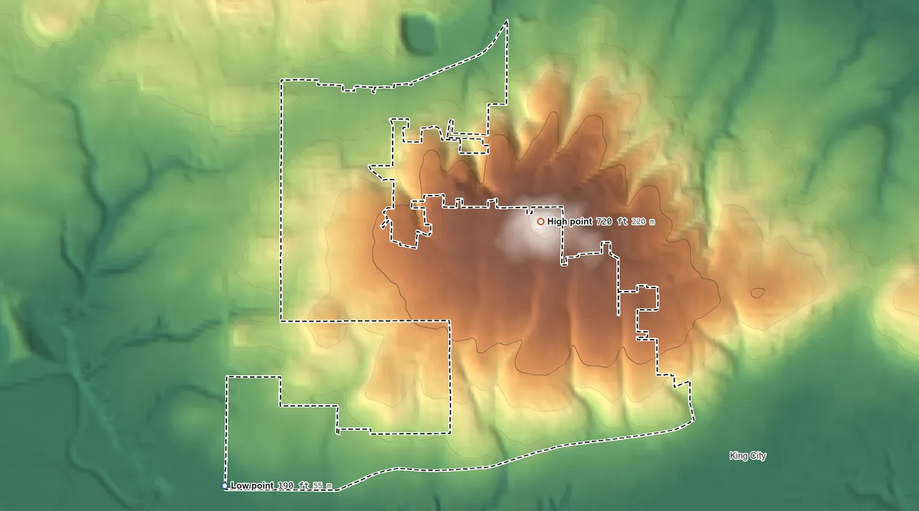 Topographic elevation map of Bull Mountain, Oregon, shaded from 190 ft on the southwest side to 720 ft on Bull Mountain