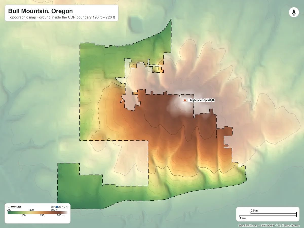 Topographic elevation map of Bull Mountain, Oregon, shaded from 190 ft on the southwest side to 720 ft on Bull Mountain