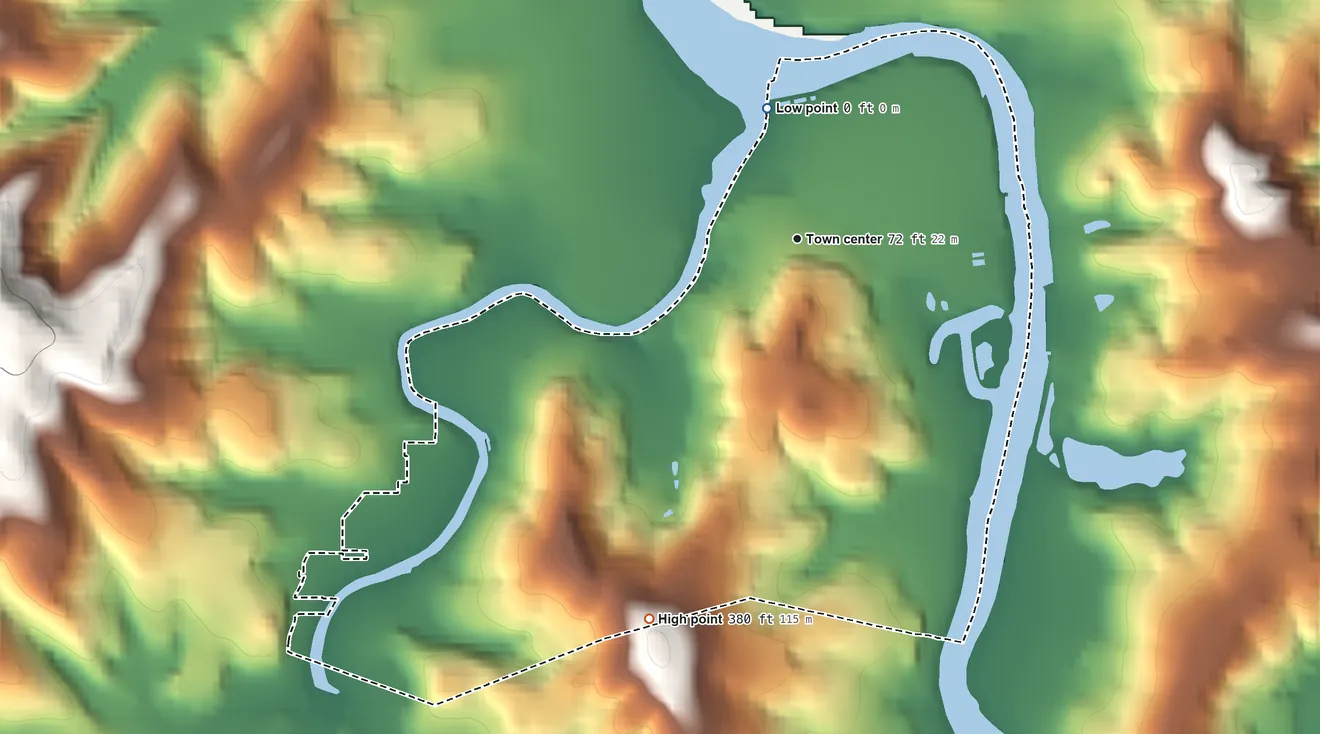 Topographic elevation map of Bunker Hill, Oregon, shaded from sea level level on Coos Bay to 380 ft on the south side