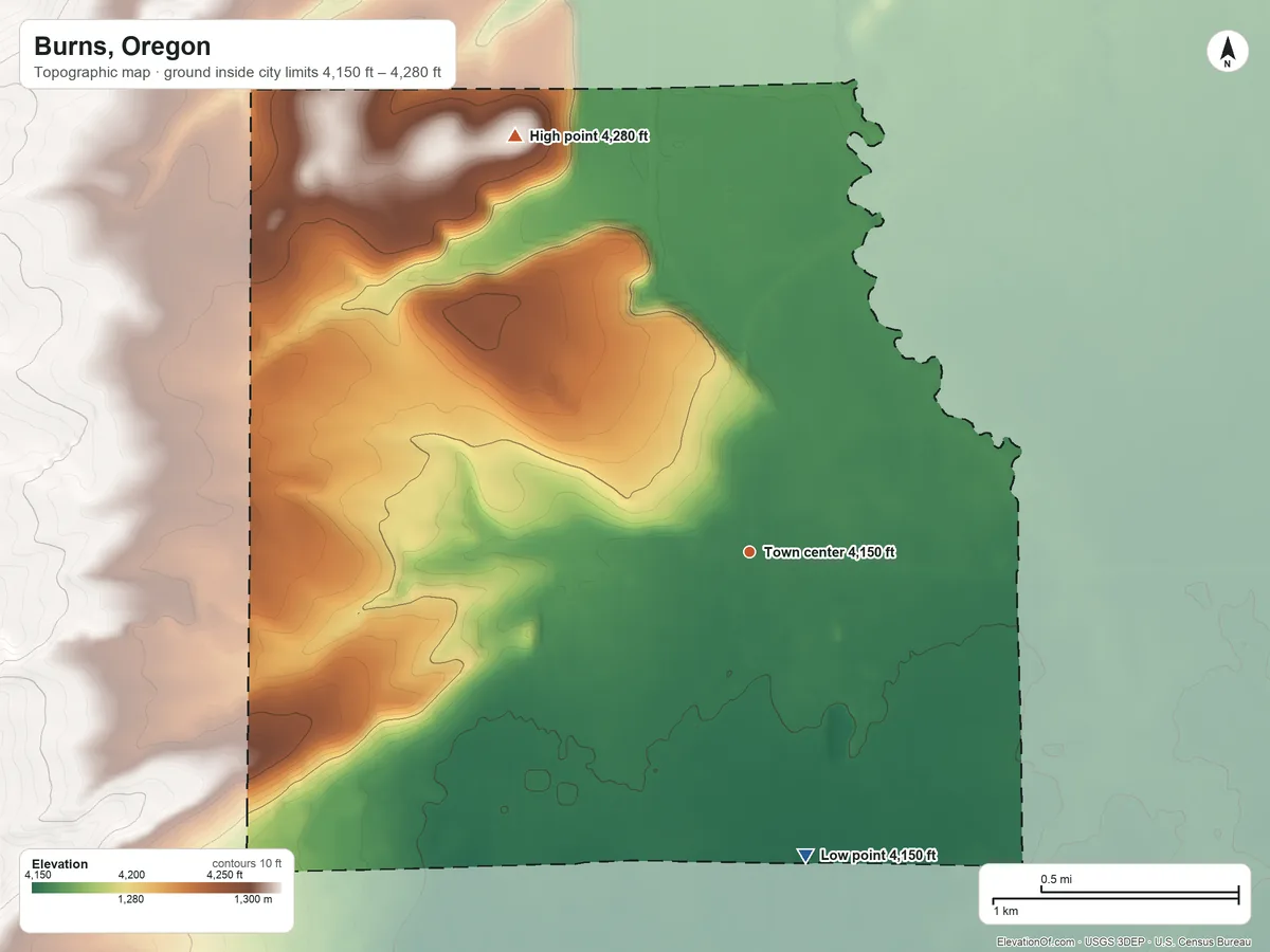 Topographic elevation map of Burns, Oregon, shaded from 4,150 ft on the south side to 4,280 ft on the northwest side