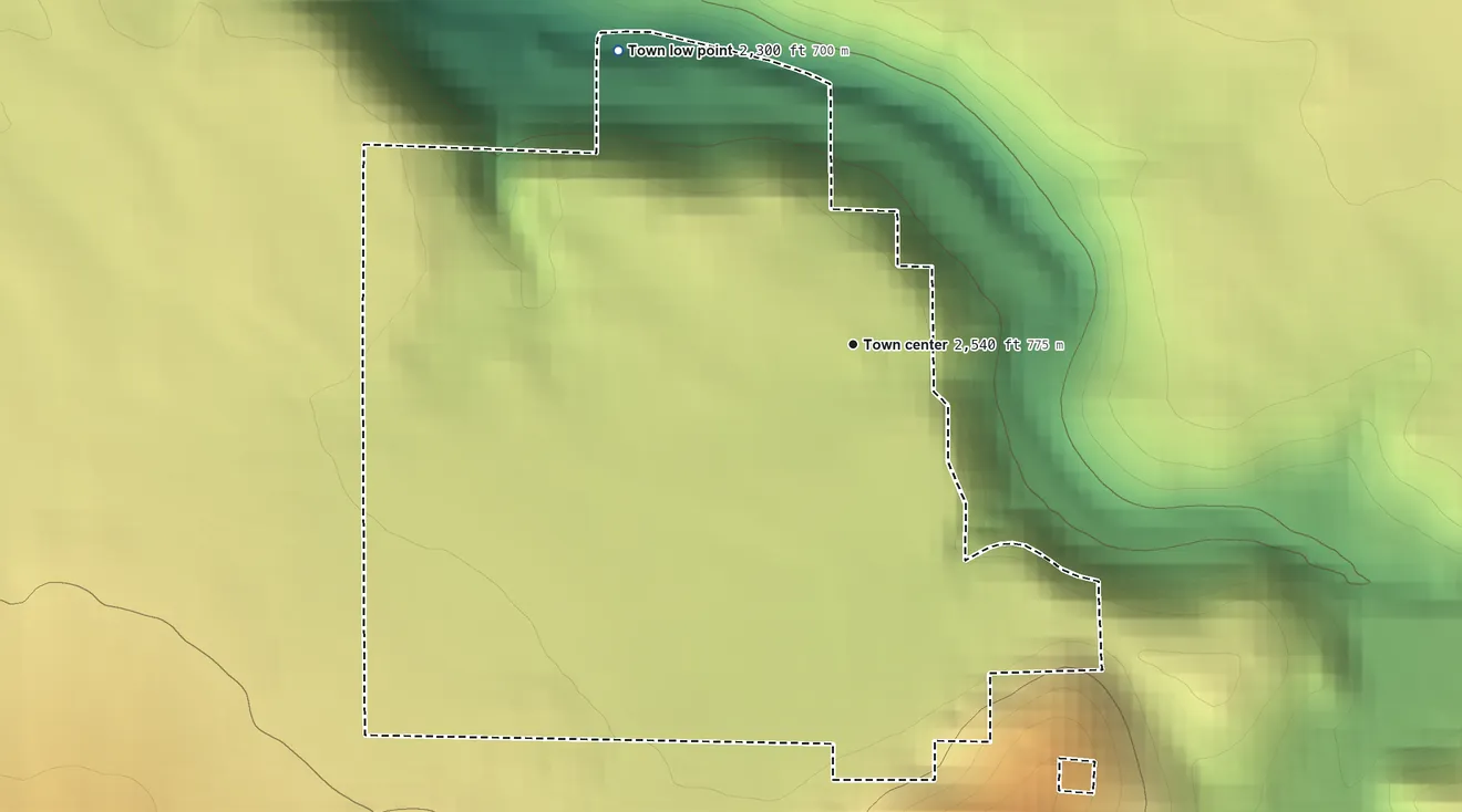 Topographic elevation map of Butte Falls, Oregon, shaded from 2,300 ft on the northwest side to 3,100 ft on the south edge, below higher ground just outside