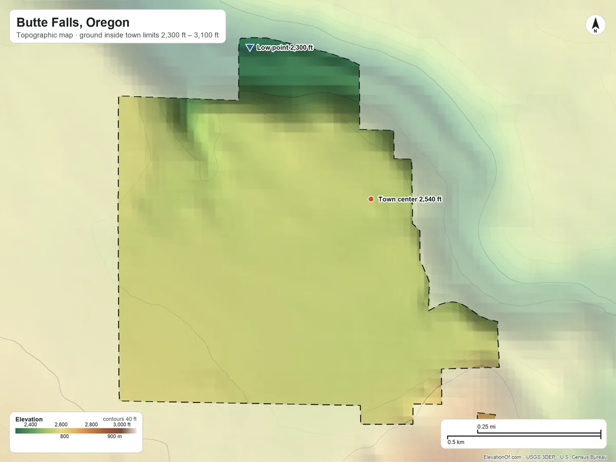 Topographic elevation map of Butte Falls, Oregon, shaded from 2,300 ft on the northwest side to 3,100 ft on the south edge, below higher ground just outside