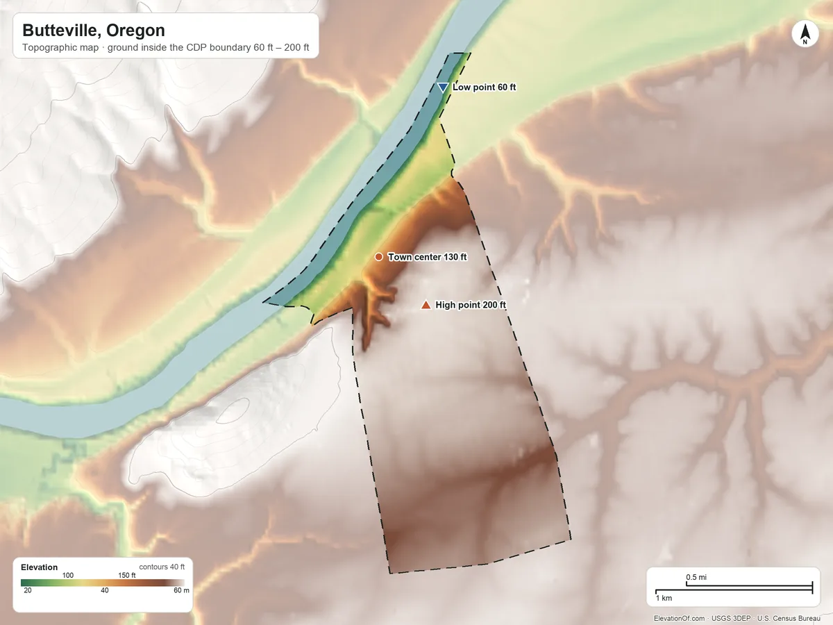Topographic elevation map of Butteville, Oregon, shaded from 60 ft on the north side to 200 ft at the foot of the Chehalem Mountains