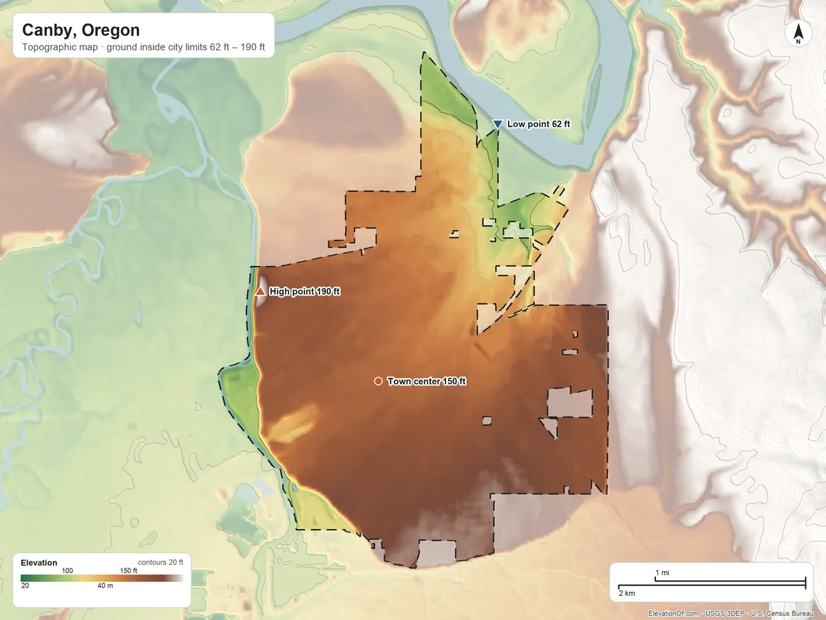 Topographic elevation map of Canby, Oregon, shaded from 62 ft on the northeast side to 190 ft on the northwest side