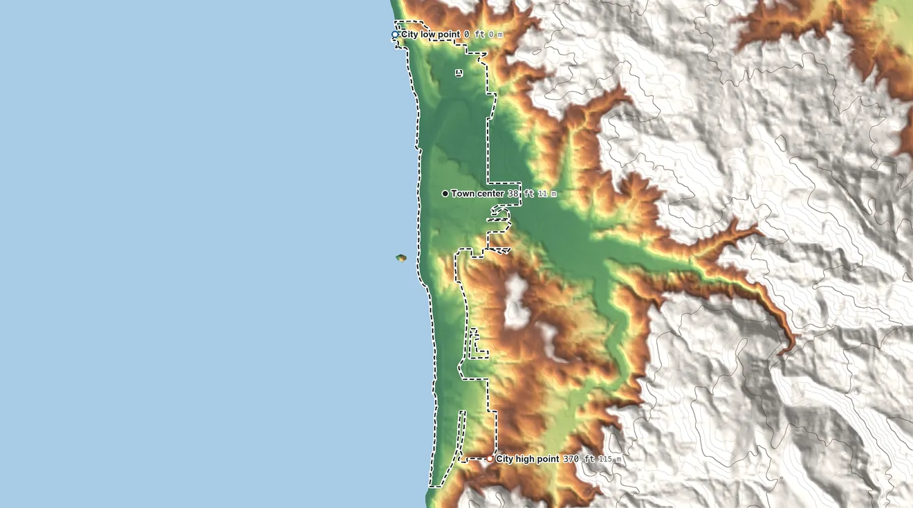 Topographic elevation map of Cannon Beach, Oregon, shaded from sea level level on the Pacific Ocean to 370 ft on the south edge, below higher ground just outside