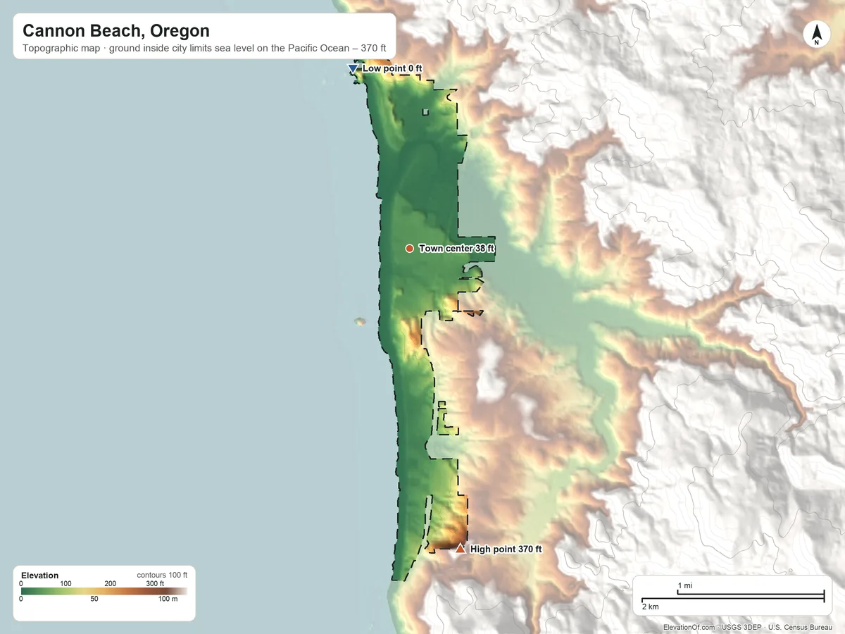 Topographic elevation map of Cannon Beach, Oregon, shaded from sea level level on the Pacific Ocean to 370 ft on the south edge, below higher ground just outside