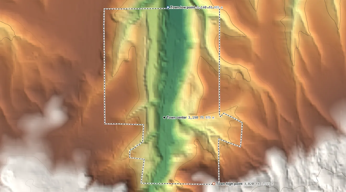 Topographic elevation map of Canyon City, Oregon, shaded from 3,140 ft on the north side to 3,820 ft on the southeast edge, below higher ground just outside