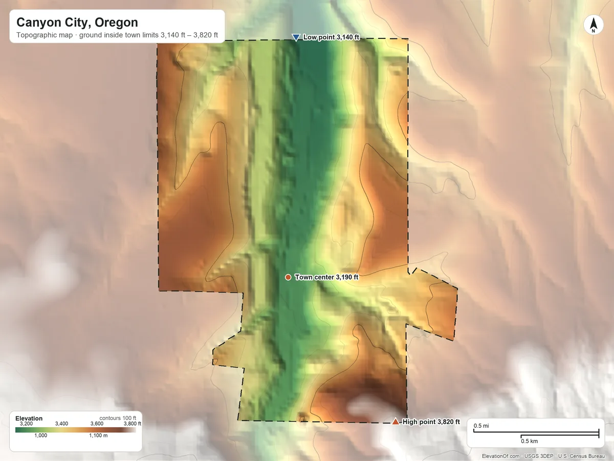 Topographic elevation map of Canyon City, Oregon, shaded from 3,140 ft on the north side to 3,820 ft on the southeast edge, below higher ground just outside