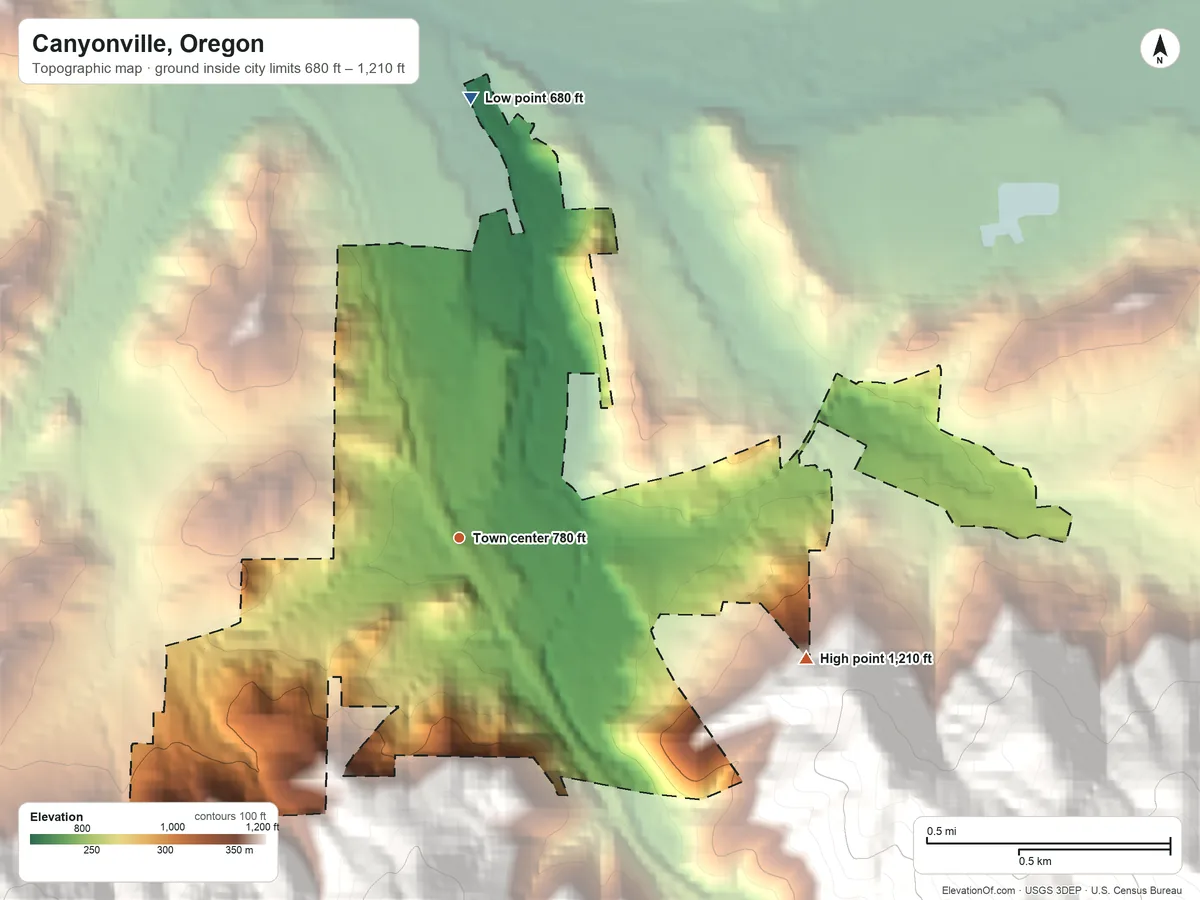 Topographic elevation map of Canyonville, Oregon, shaded from 680 ft on the north side to 1,210 ft on the east edge, below higher ground just outside