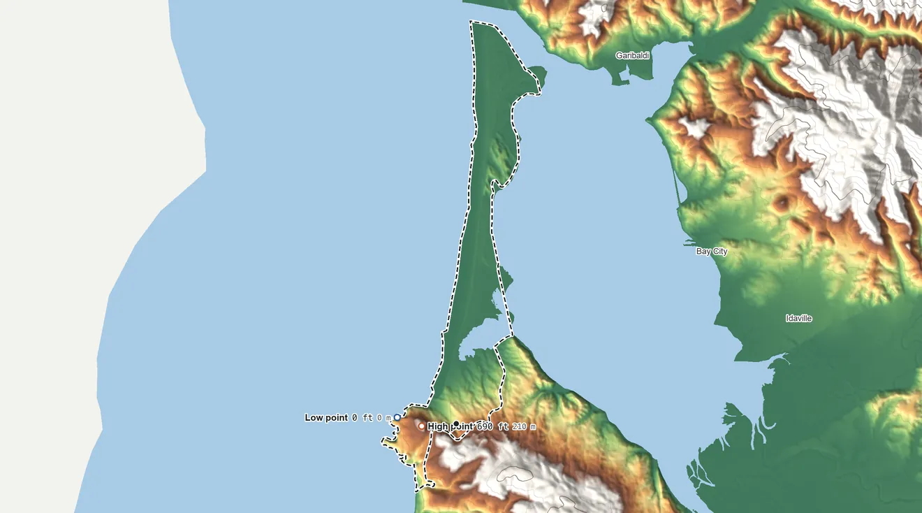 Topographic elevation map of Cape Meares, Oregon, shaded from sea level level on the Pacific Ocean to 690 ft on the west edge, below higher ground just outside