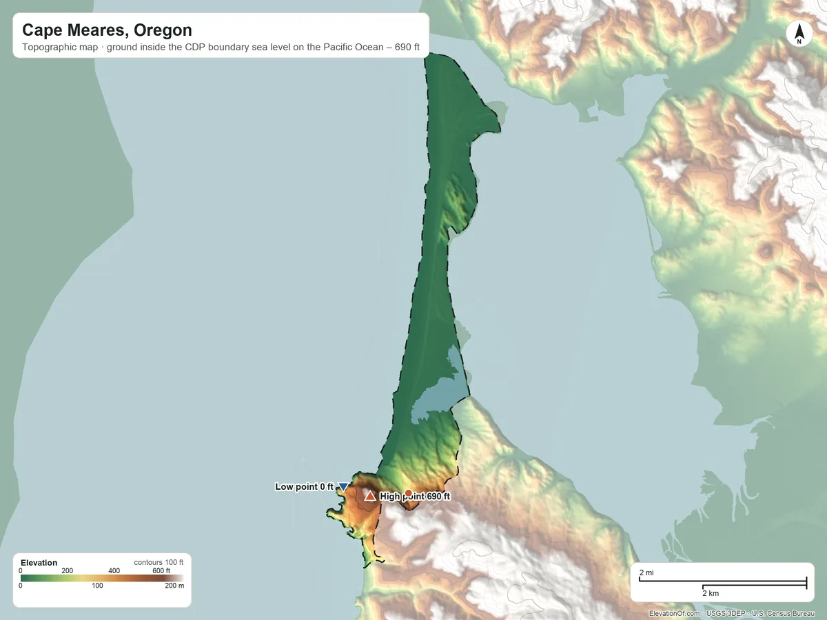 Topographic elevation map of Cape Meares, Oregon, shaded from sea level level on the Pacific Ocean to 690 ft on the west edge, below higher ground just outside