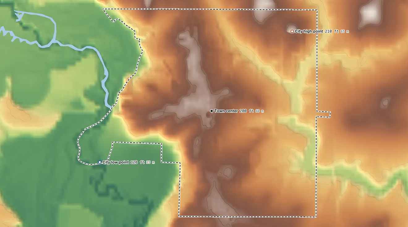 Topographic elevation map of Carlton, Oregon, shaded from 120 ft on the southwest side to 210 ft at the foot of the Red Hills of Dundee