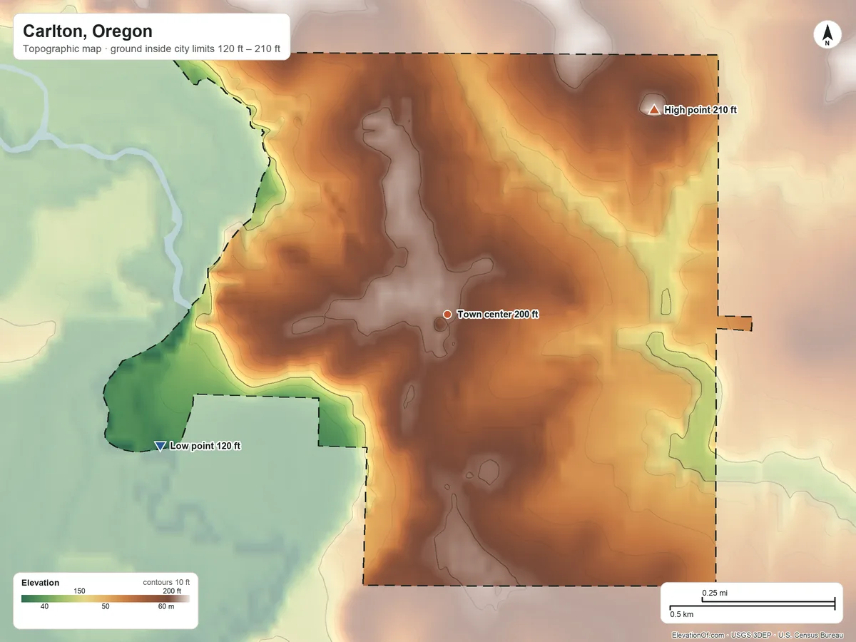Topographic elevation map of Carlton, Oregon, shaded from 120 ft on the southwest side to 210 ft at the foot of the Red Hills of Dundee