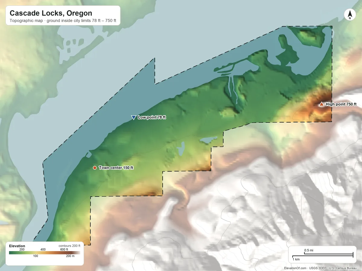 Topographic elevation map of Cascade Locks, Oregon, shaded from 78 ft on the northeast side to 750 ft on the east edge, below higher ground just outside