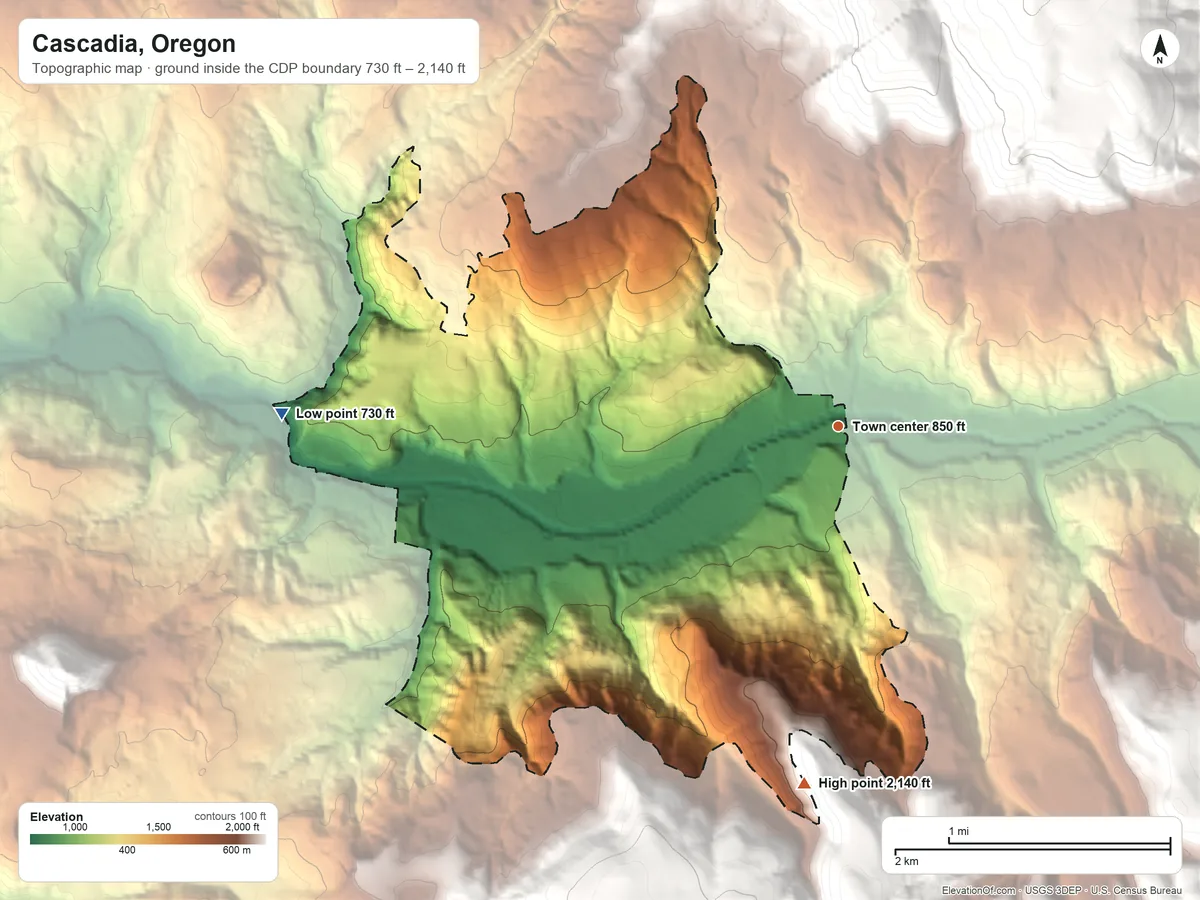 Topographic elevation map of Cascadia, Oregon, shaded from 730 ft on the west side to 2,140 ft on the south edge, below higher ground just outside