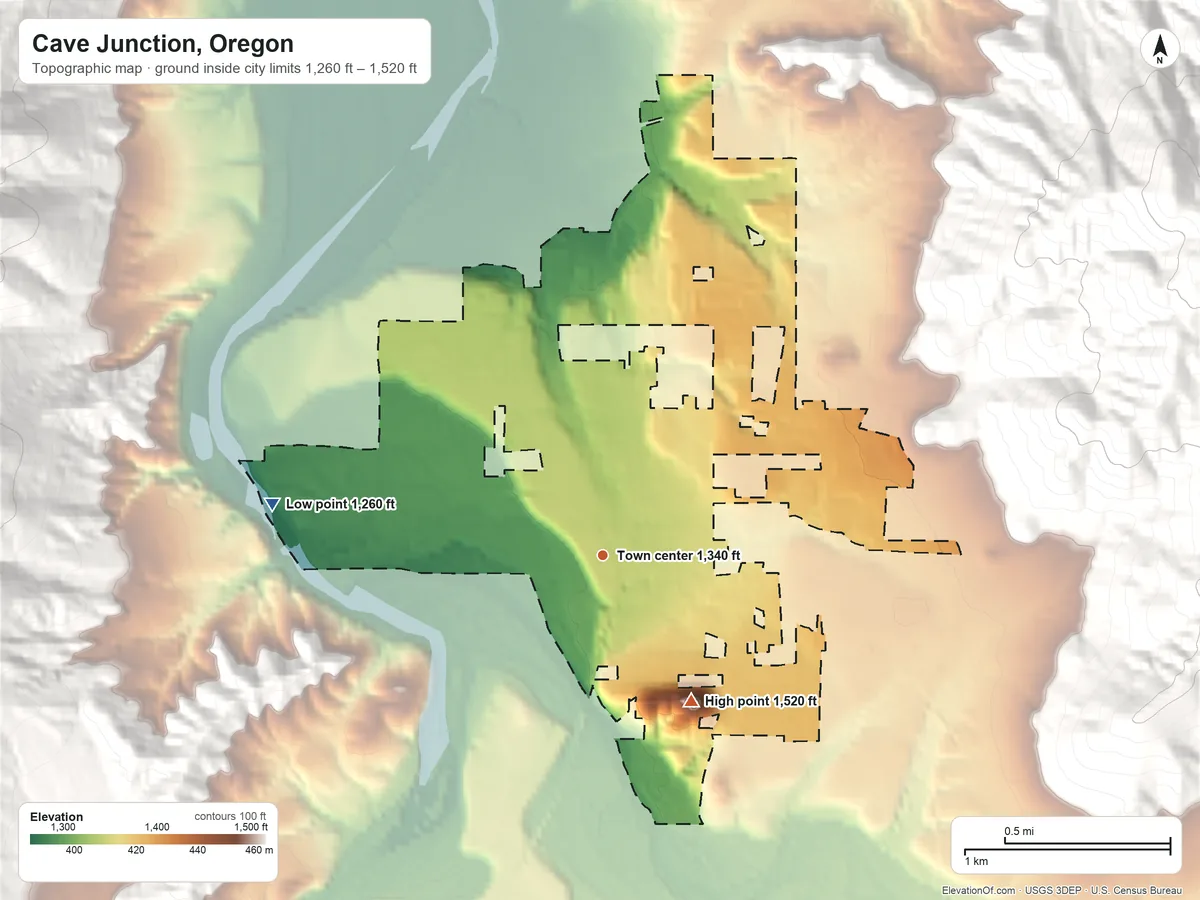 Topographic elevation map of Cave Junction, Oregon, shaded from 1,260 ft on the west side to 1,520 ft on the southeast edge, below higher ground just outside