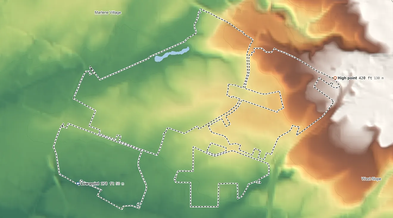 Topographic elevation map of Cedar Hills, Oregon, shaded from 170 ft on the southwest side to 420 ft at the foot of the Tualatin Mountains