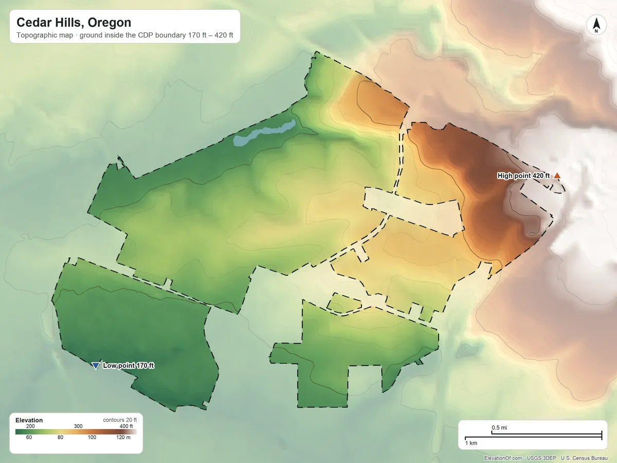 Topographic elevation map of Cedar Hills, Oregon, shaded from 170 ft on the southwest side to 420 ft at the foot of the Tualatin Mountains