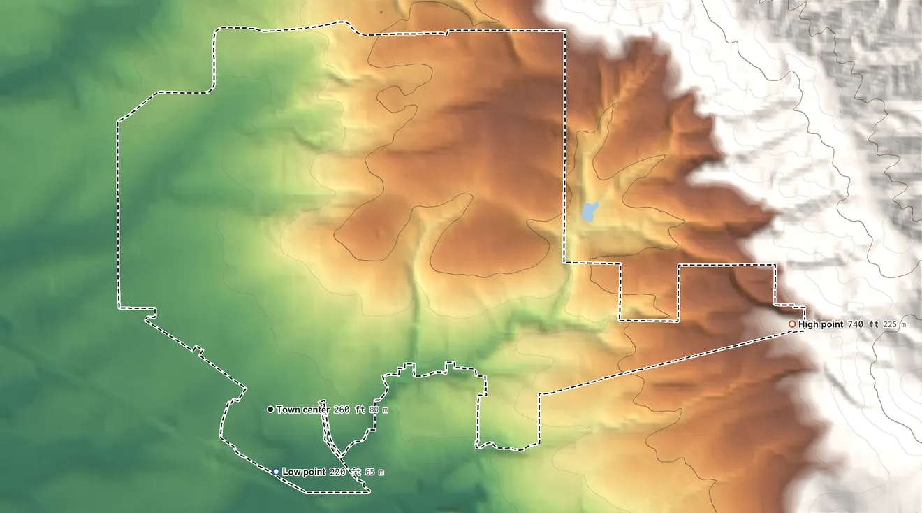 Topographic elevation map of Cedar Mill, Oregon, shaded from 220 ft near the middle to 740 ft at the foot of the Tualatin Mountains