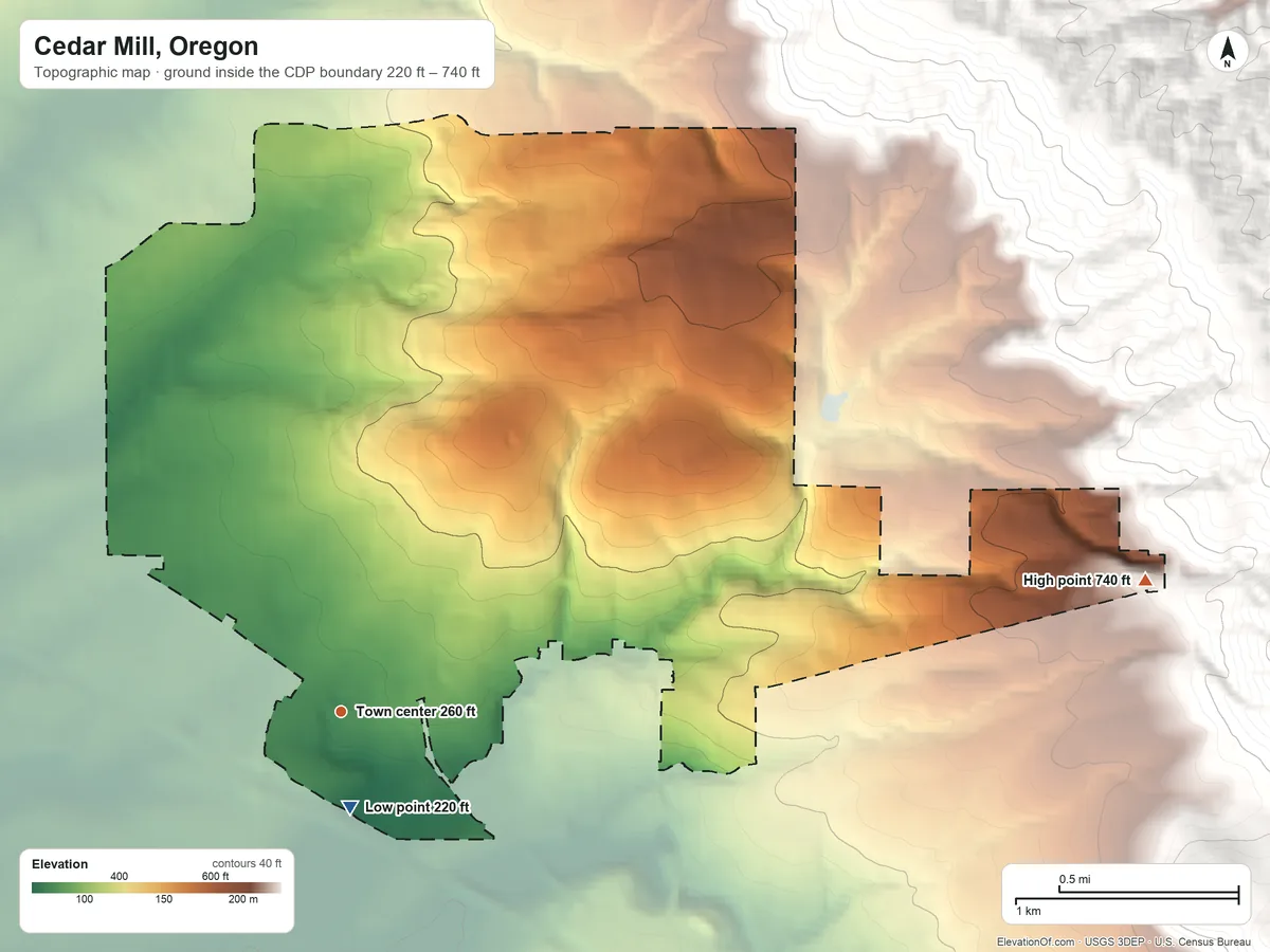 Topographic elevation map of Cedar Mill, Oregon, shaded from 220 ft near the middle to 740 ft at the foot of the Tualatin Mountains