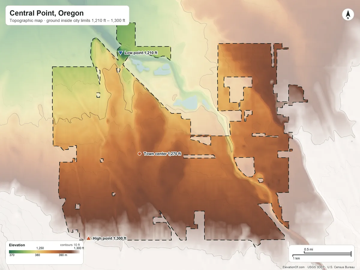 Topographic elevation map of Central Point, Oregon, shaded from 1,210 ft on the north side to 1,300 ft on the southwest edge, below higher ground just outside