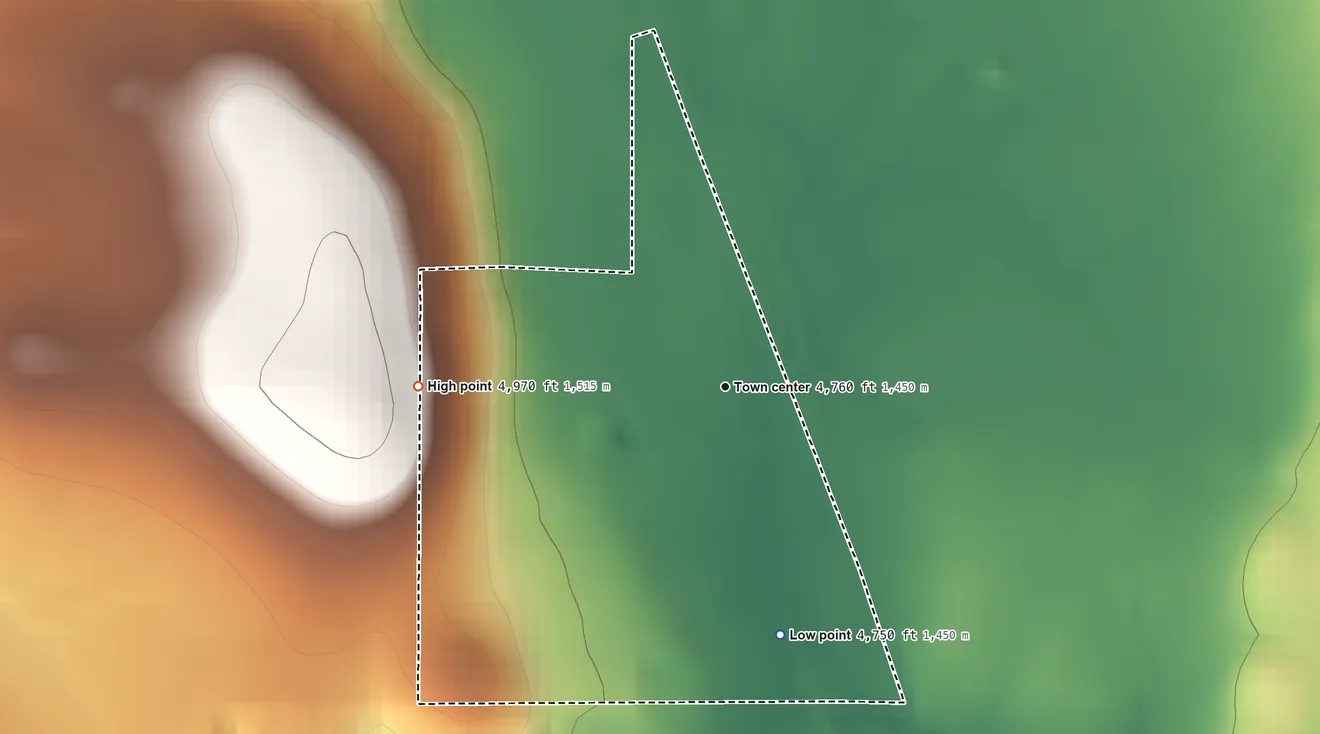 Topographic elevation map of Chemult, Oregon, shaded from 4,750 ft on the south side to 4,970 ft on the west side