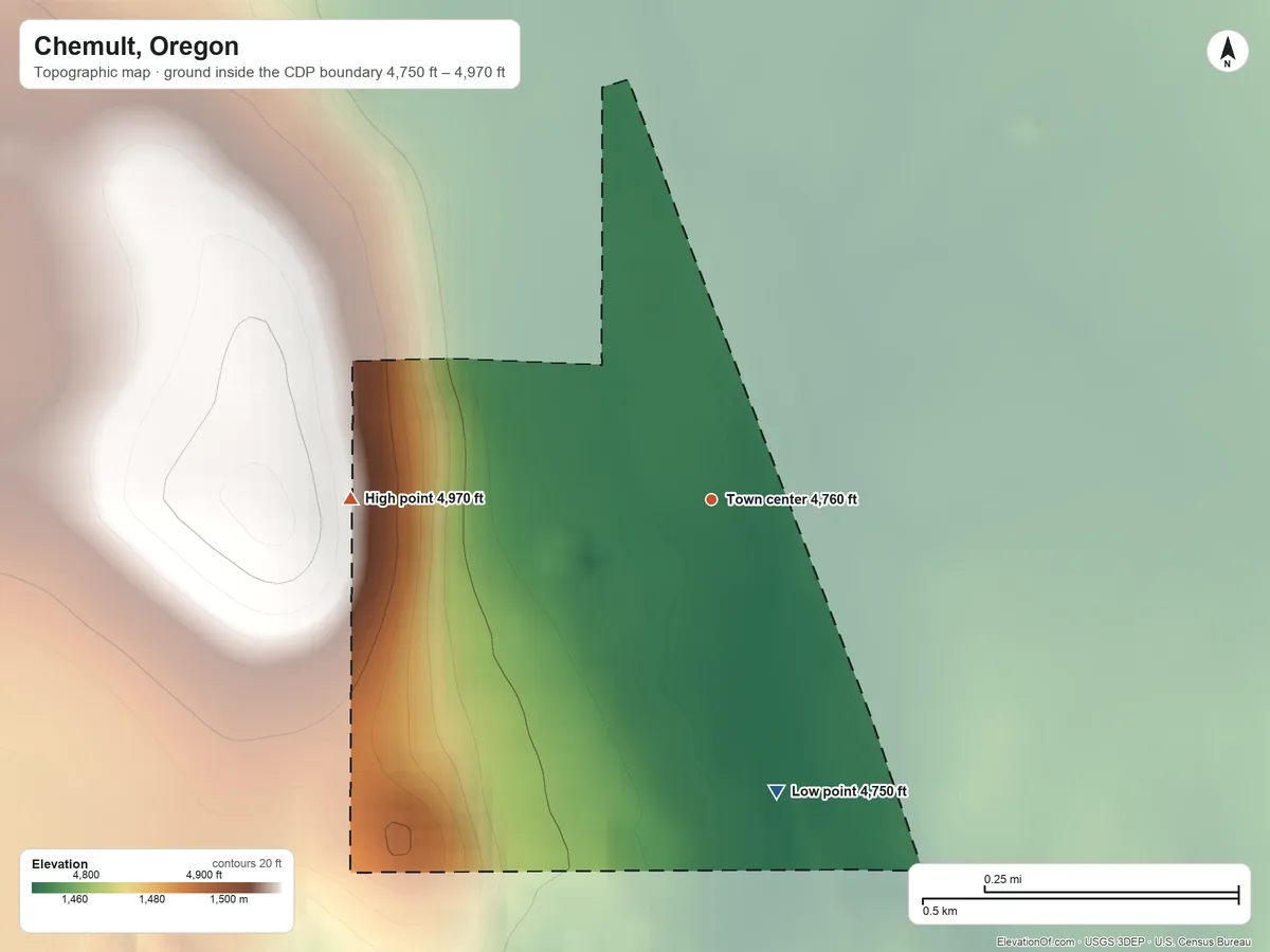 Topographic elevation map of Chemult, Oregon, shaded from 4,750 ft on the south side to 4,970 ft on the west side