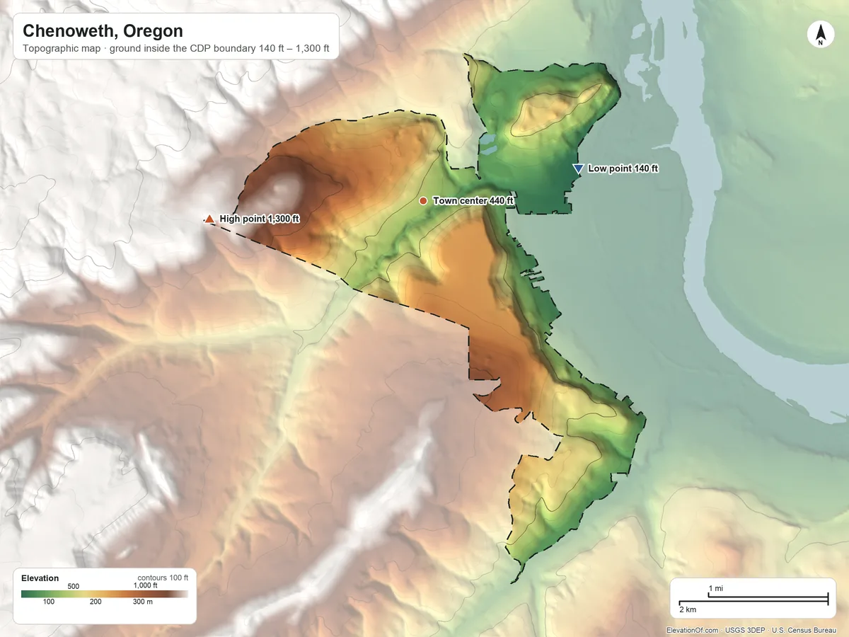 Topographic elevation map of Chenoweth, Oregon, shaded from 140 ft on the east side to 1,300 ft on the west edge, below higher ground just outside