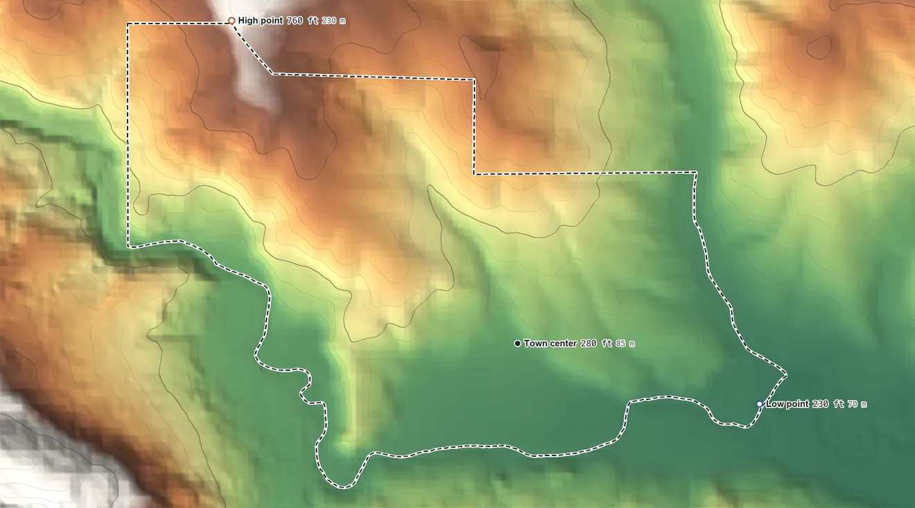 Topographic elevation map of Cherry Grove, Oregon, shaded from 230 ft on the east side to 760 ft at the foot of the Chehalem Mountains