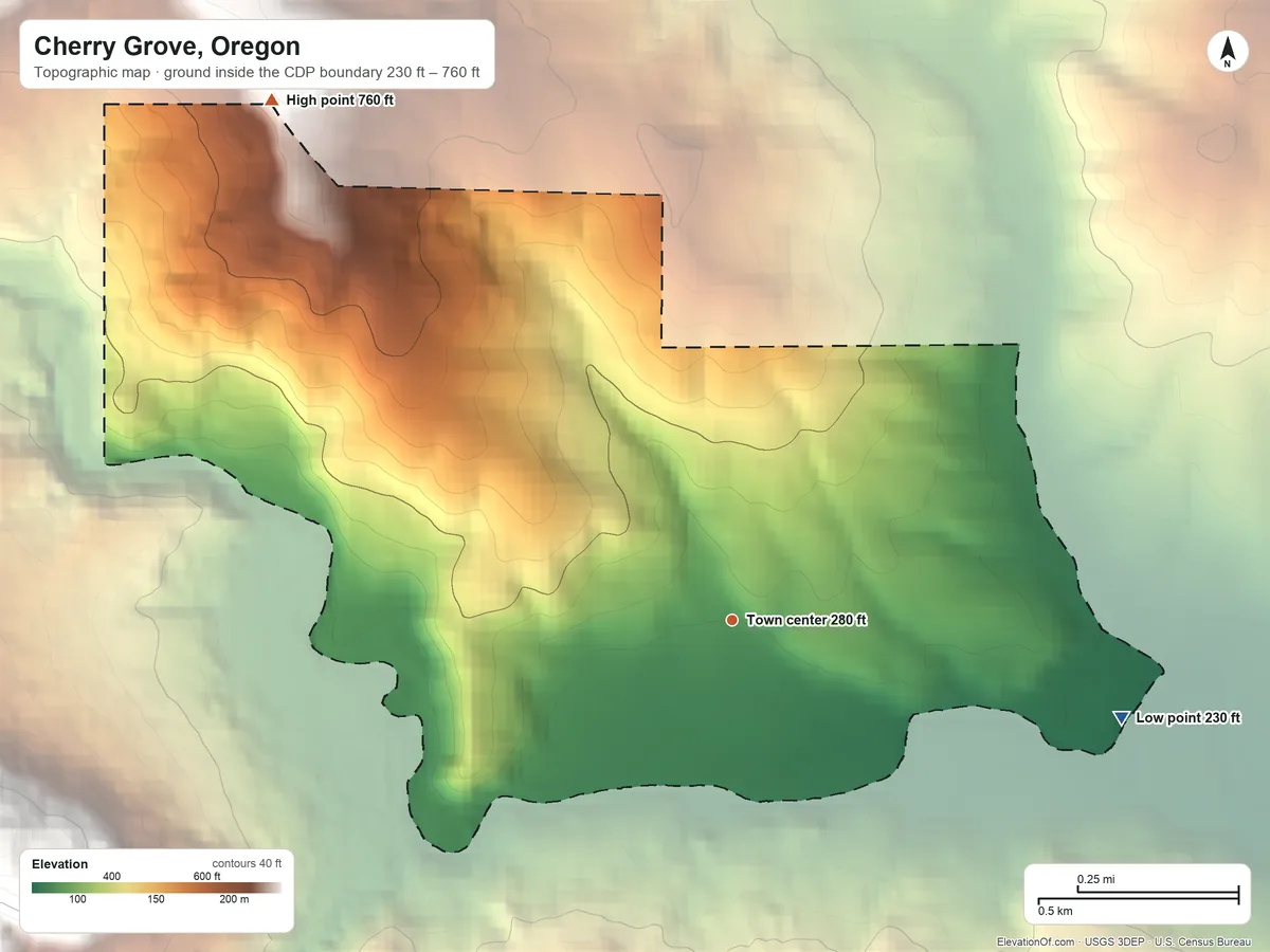 Topographic elevation map of Cherry Grove, Oregon, shaded from 230 ft on the east side to 760 ft at the foot of the Chehalem Mountains