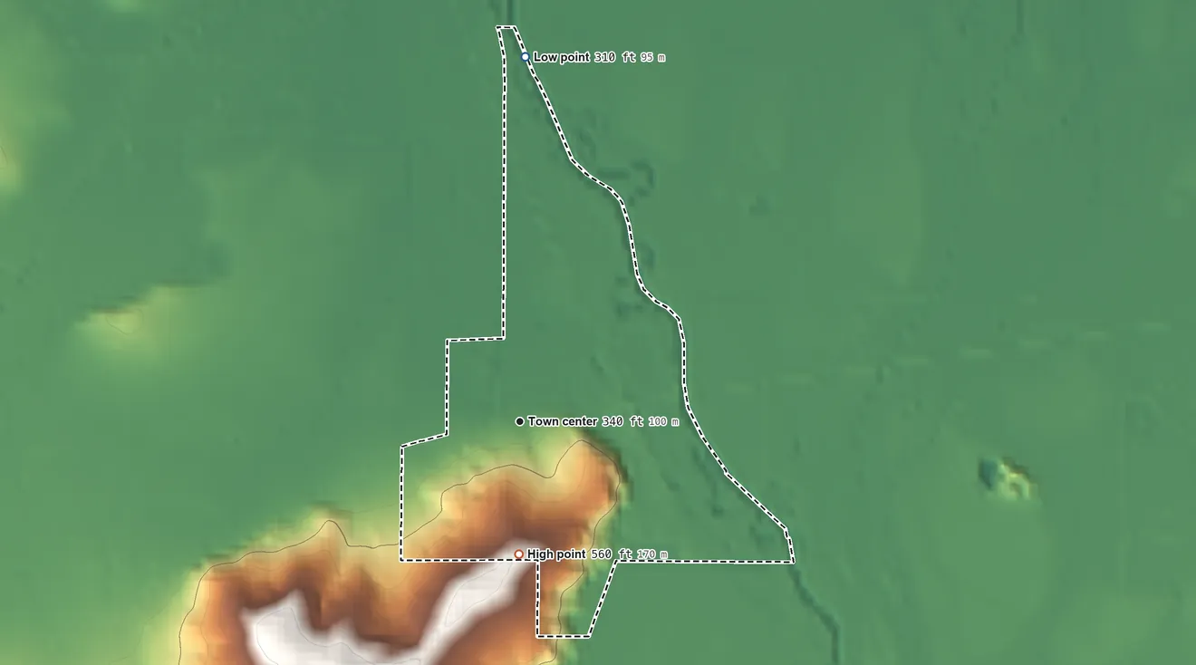 Topographic elevation map of Cheshire, Oregon, shaded from 310 ft on the north side to 560 ft on the south side